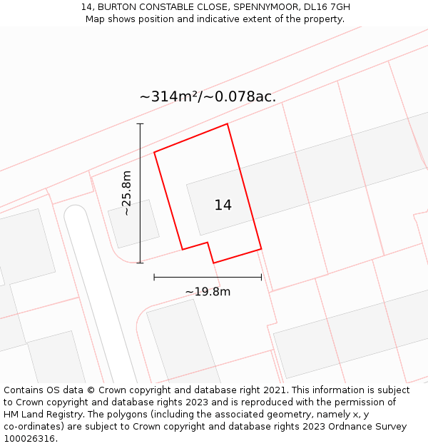 14, BURTON CONSTABLE CLOSE, SPENNYMOOR, DL16 7GH: Plot and title map