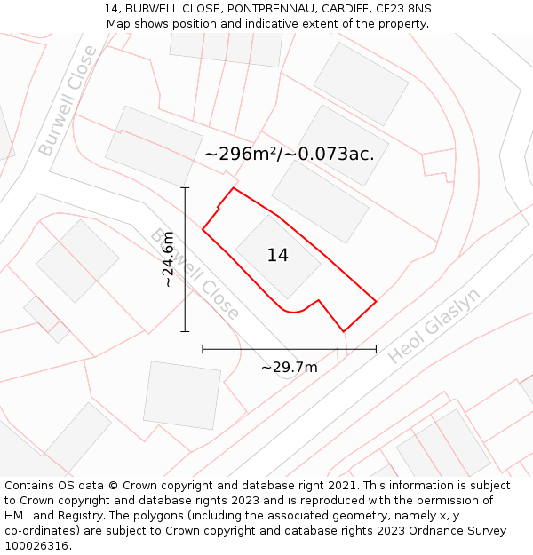 14, BURWELL CLOSE, PONTPRENNAU, CARDIFF, CF23 8NS: Plot and title map