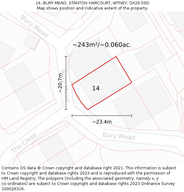 14, BURY MEAD, STANTON HARCOURT, WITNEY, OX29 5SD: Plot and title map