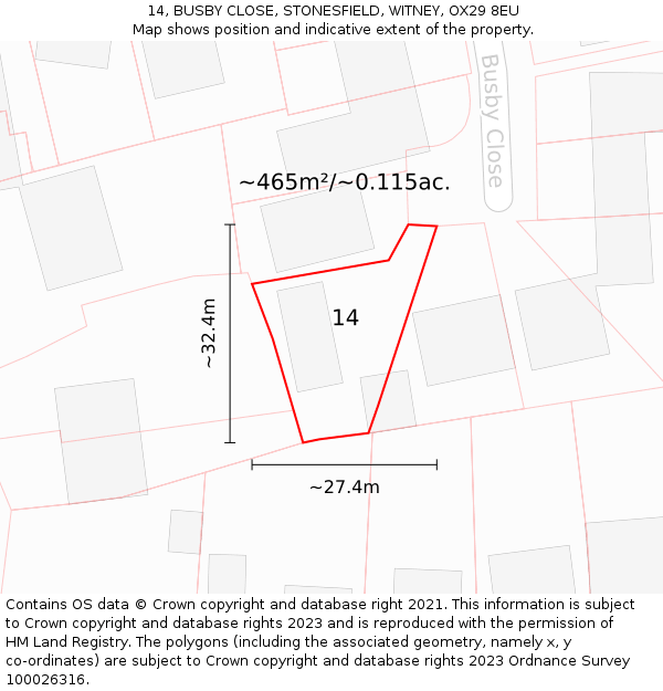 14, BUSBY CLOSE, STONESFIELD, WITNEY, OX29 8EU: Plot and title map