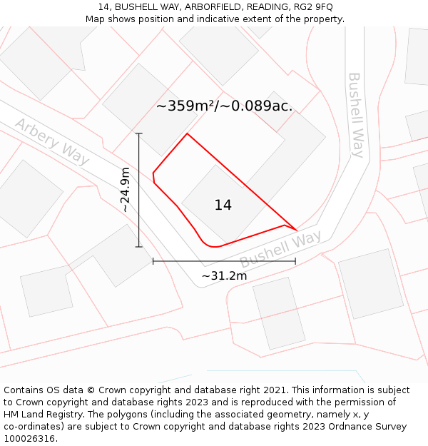 14, BUSHELL WAY, ARBORFIELD, READING, RG2 9FQ: Plot and title map