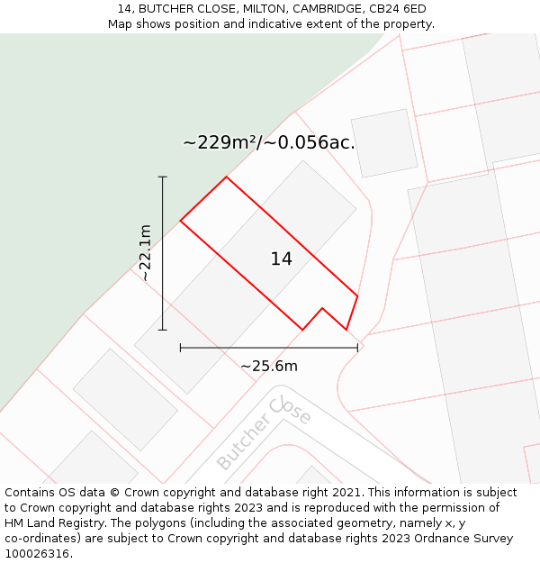 14, BUTCHER CLOSE, MILTON, CAMBRIDGE, CB24 6ED: Plot and title map