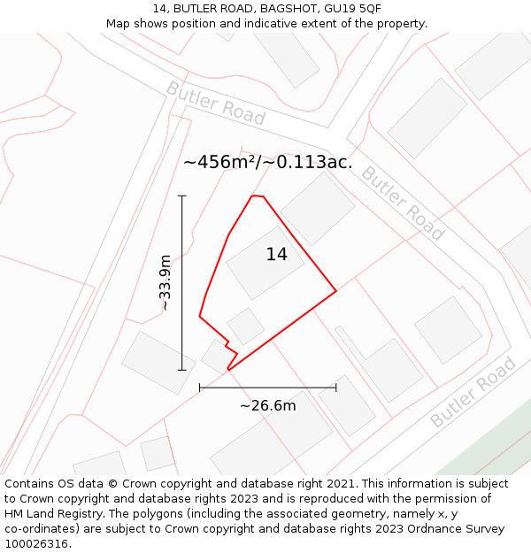 14, BUTLER ROAD, BAGSHOT, GU19 5QF: Plot and title map