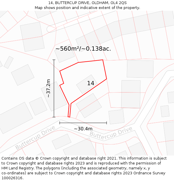 14, BUTTERCUP DRIVE, OLDHAM, OL4 2QS: Plot and title map