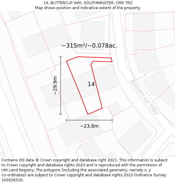 14, BUTTERCUP WAY, SOUTHMINSTER, CM0 7RZ: Plot and title map