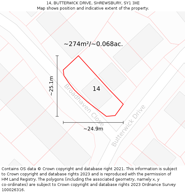 14, BUTTERWICK DRIVE, SHREWSBURY, SY1 3XE: Plot and title map