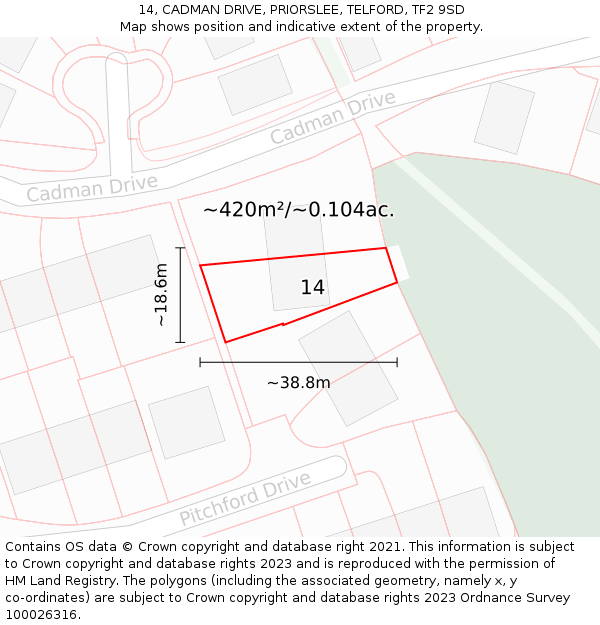 14, CADMAN DRIVE, PRIORSLEE, TELFORD, TF2 9SD: Plot and title map