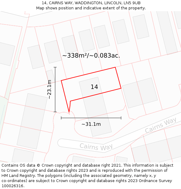 14, CAIRNS WAY, WADDINGTON, LINCOLN, LN5 9UB: Plot and title map