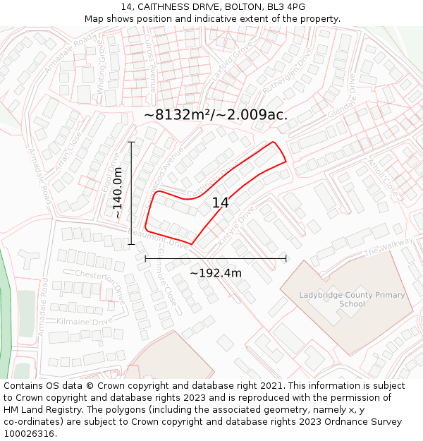 14, CAITHNESS DRIVE, BOLTON, BL3 4PG: Plot and title map