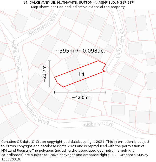 14, CALKE AVENUE, HUTHWAITE, SUTTON-IN-ASHFIELD, NG17 2SF: Plot and title map