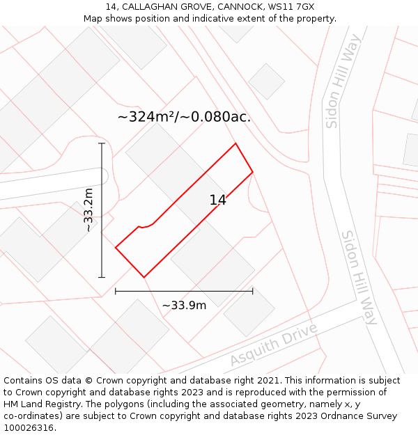 14, CALLAGHAN GROVE, CANNOCK, WS11 7GX: Plot and title map