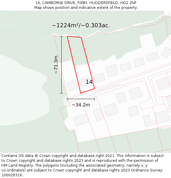 14, CAMBORNE DRIVE, FIXBY, HUDDERSFIELD, HD2 2NF: Plot and title map