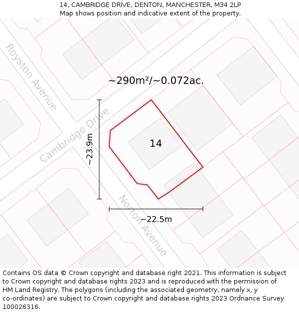 14, CAMBRIDGE DRIVE, DENTON, MANCHESTER, M34 2LP: Plot and title map