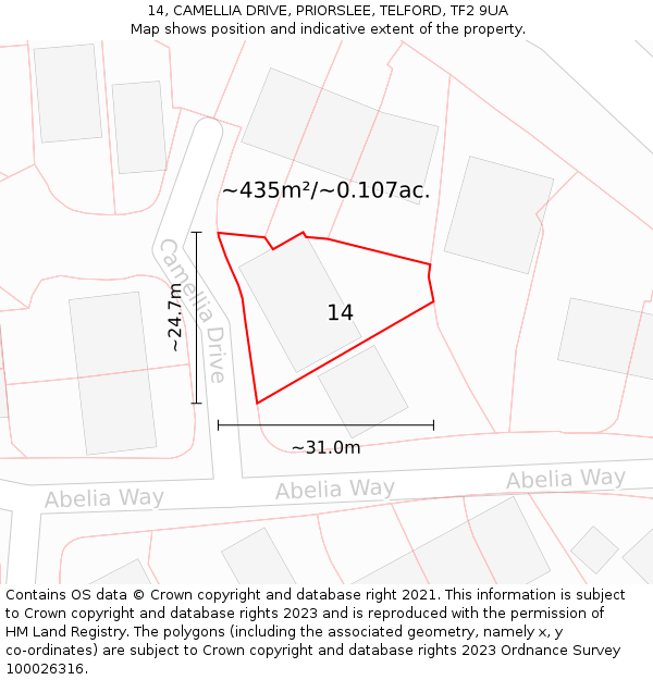 14, CAMELLIA DRIVE, PRIORSLEE, TELFORD, TF2 9UA: Plot and title map