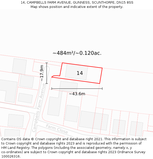 14, CAMPBELLS FARM AVENUE, GUNNESS, SCUNTHORPE, DN15 8SS: Plot and title map