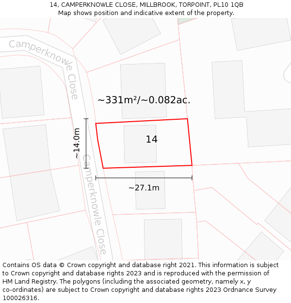 14, CAMPERKNOWLE CLOSE, MILLBROOK, TORPOINT, PL10 1QB: Plot and title map