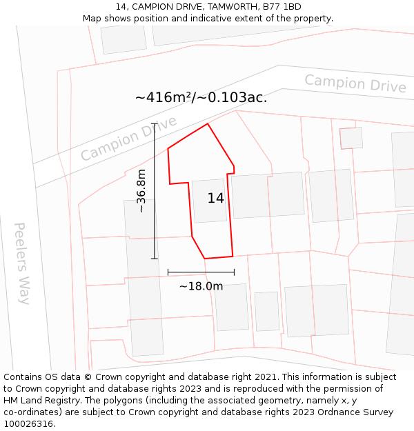 14, CAMPION DRIVE, TAMWORTH, B77 1BD: Plot and title map