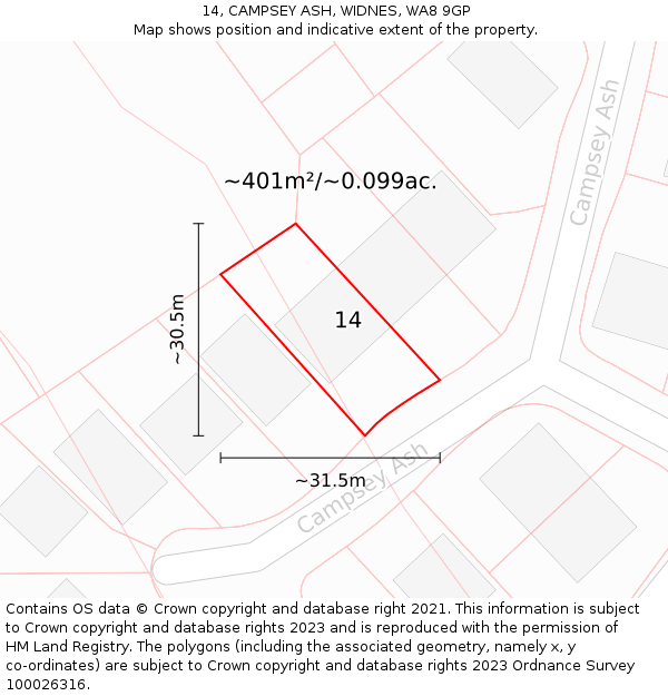 14, CAMPSEY ASH, WIDNES, WA8 9GP: Plot and title map