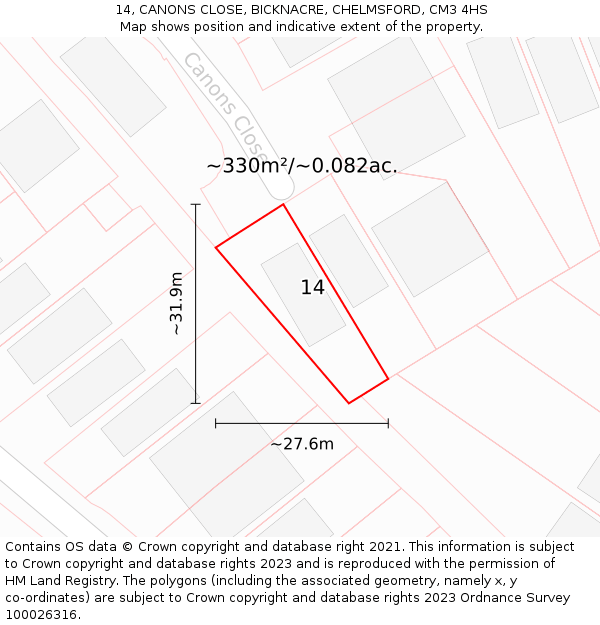 14, CANONS CLOSE, BICKNACRE, CHELMSFORD, CM3 4HS: Plot and title map
