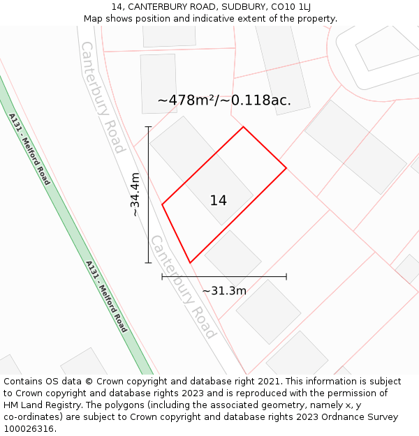 14, CANTERBURY ROAD, SUDBURY, CO10 1LJ: Plot and title map