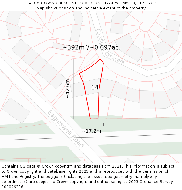 14, CARDIGAN CRESCENT, BOVERTON, LLANTWIT MAJOR, CF61 2GP: Plot and title map