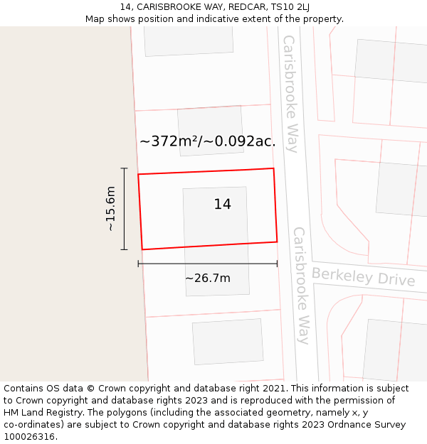 14, CARISBROOKE WAY, REDCAR, TS10 2LJ: Plot and title map