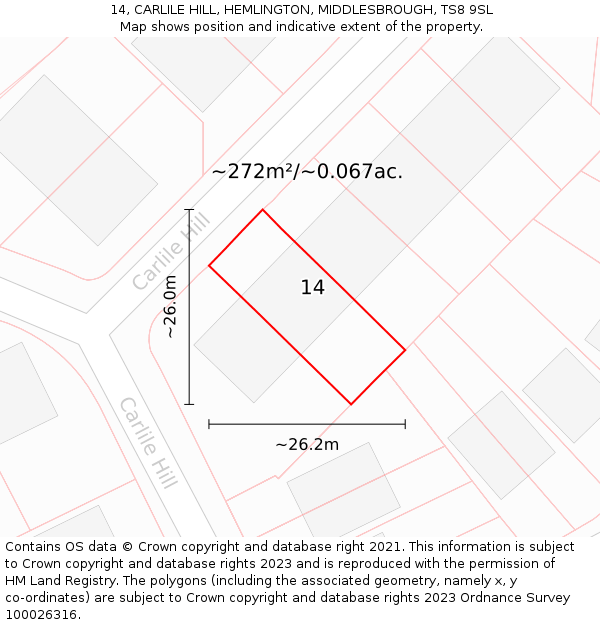14, CARLILE HILL, HEMLINGTON, MIDDLESBROUGH, TS8 9SL: Plot and title map