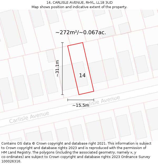 14, CARLISLE AVENUE, RHYL, LL18 3UD: Plot and title map