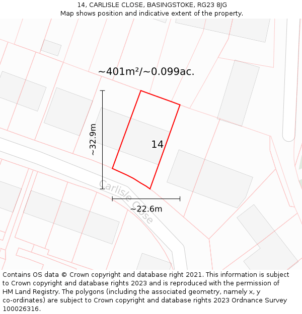 14, CARLISLE CLOSE, BASINGSTOKE, RG23 8JG: Plot and title map