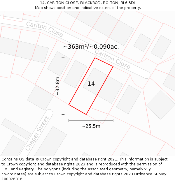 14, CARLTON CLOSE, BLACKROD, BOLTON, BL6 5DL: Plot and title map