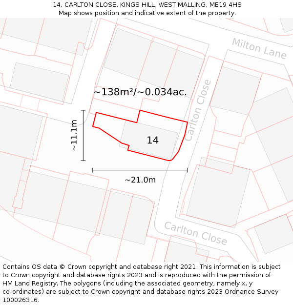 14, CARLTON CLOSE, KINGS HILL, WEST MALLING, ME19 4HS: Plot and title map