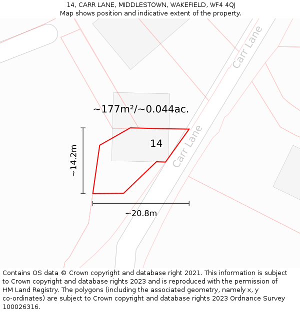 14, CARR LANE, MIDDLESTOWN, WAKEFIELD, WF4 4QJ: Plot and title map