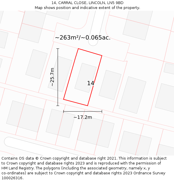 14, CARRAL CLOSE, LINCOLN, LN5 9BD: Plot and title map