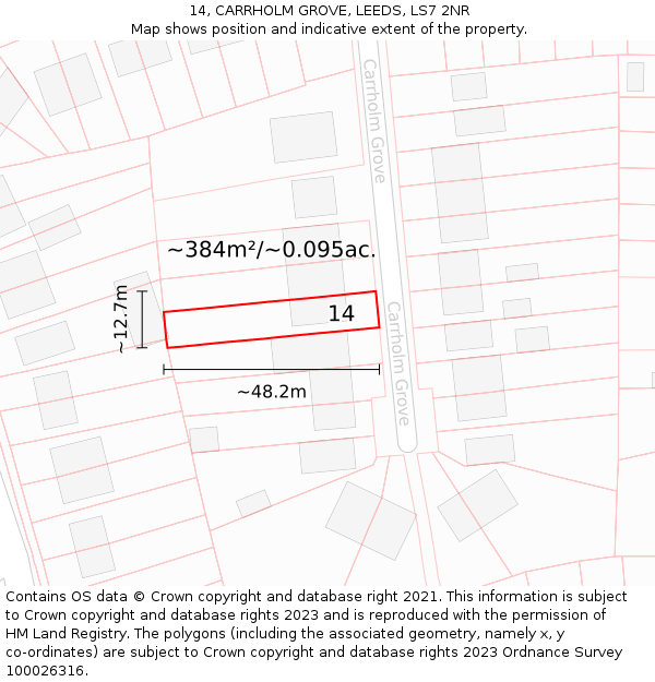 14, CARRHOLM GROVE, LEEDS, LS7 2NR: Plot and title map