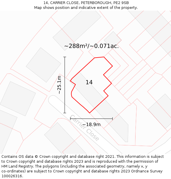 14, CARRIER CLOSE, PETERBOROUGH, PE2 9SB: Plot and title map