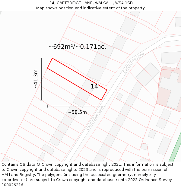 14, CARTBRIDGE LANE, WALSALL, WS4 1SB: Plot and title map