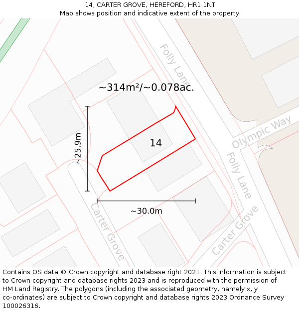 14, CARTER GROVE, HEREFORD, HR1 1NT: Plot and title map