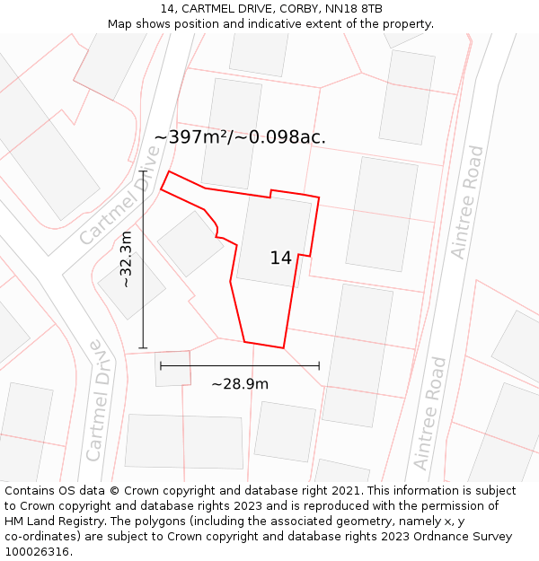 14, CARTMEL DRIVE, CORBY, NN18 8TB: Plot and title map