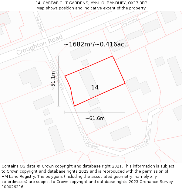 14, CARTWRIGHT GARDENS, AYNHO, BANBURY, OX17 3BB: Plot and title map