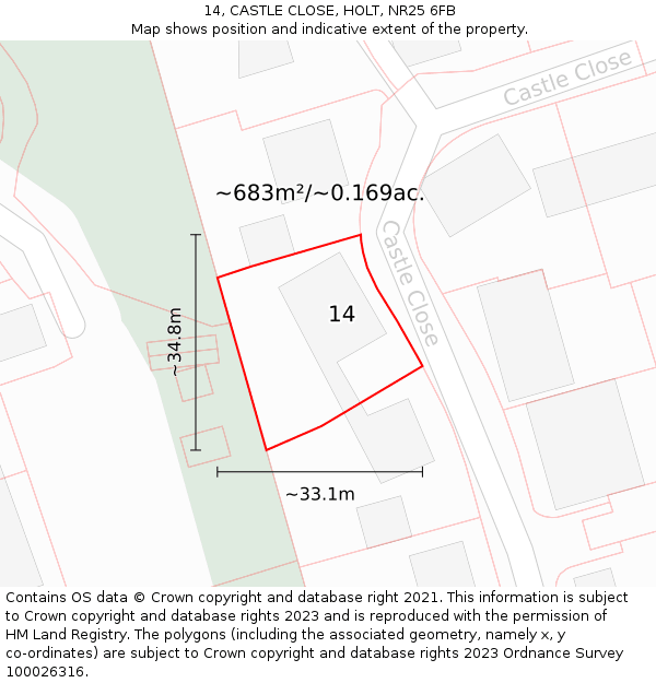 14, CASTLE CLOSE, HOLT, NR25 6FB: Plot and title map