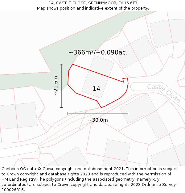 14, CASTLE CLOSE, SPENNYMOOR, DL16 6TR: Plot and title map