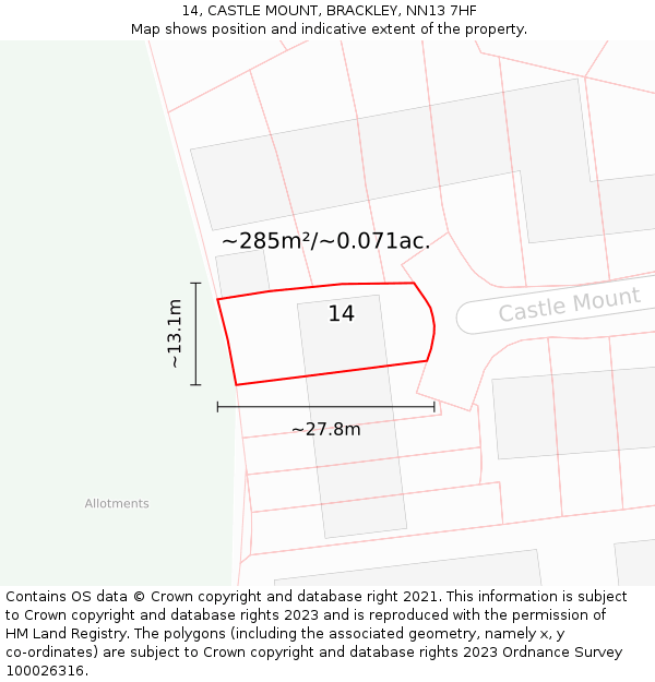 14, CASTLE MOUNT, BRACKLEY, NN13 7HF: Plot and title map