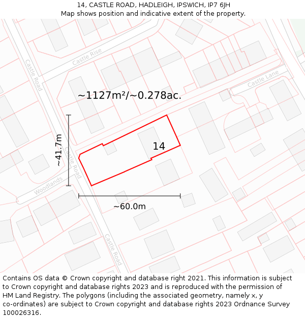 14, CASTLE ROAD, HADLEIGH, IPSWICH, IP7 6JH: Plot and title map