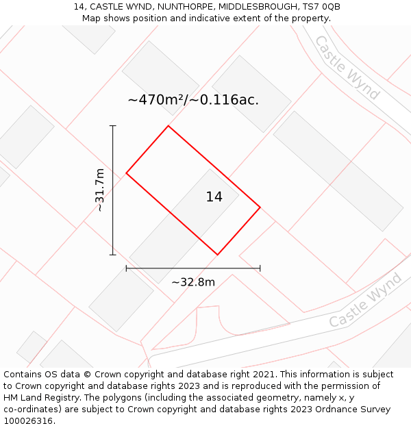 14, CASTLE WYND, NUNTHORPE, MIDDLESBROUGH, TS7 0QB: Plot and title map