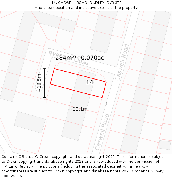 14, CASWELL ROAD, DUDLEY, DY3 3TE: Plot and title map