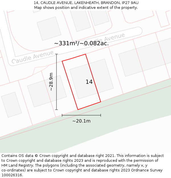 14, CAUDLE AVENUE, LAKENHEATH, BRANDON, IP27 9AU: Plot and title map