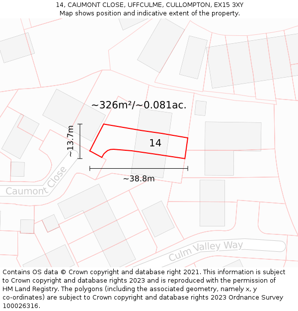 14, CAUMONT CLOSE, UFFCULME, CULLOMPTON, EX15 3XY: Plot and title map
