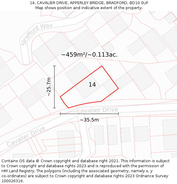 14, CAVALIER DRIVE, APPERLEY BRIDGE, BRADFORD, BD10 0UF: Plot and title map