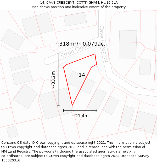 14, CAVE CRESCENT, COTTINGHAM, HU16 5LA: Plot and title map