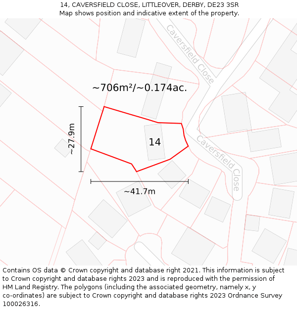 14, CAVERSFIELD CLOSE, LITTLEOVER, DERBY, DE23 3SR: Plot and title map